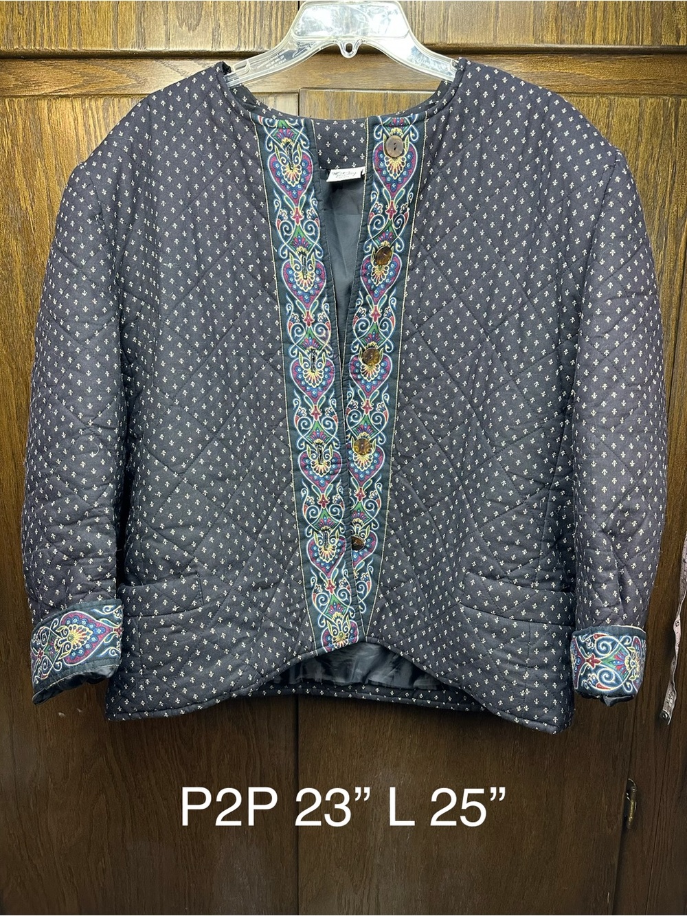 Vera Bradley Quilted Black Jacket with Multicolor Embroidered Trim